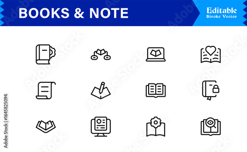 Professional Books Line Icon Set with Modern Minimal Design Unique Note and Reading Symbols Collection for Creative Projects
