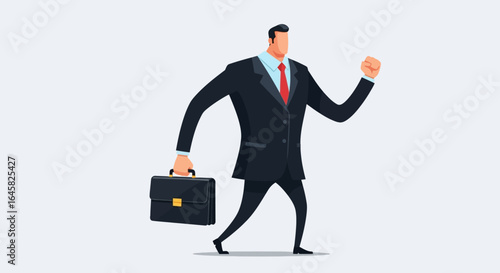Determined faceless businessman in a dark suit walking with a briefcase and a triumphant fist pump.