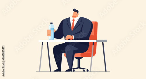 Faceless businessman in a dark suit and red tie sitting at a desk holding a water bottle.