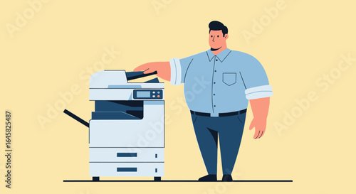 Flat illustration of a male office worker in a blue shirt operating a multifunction printer.