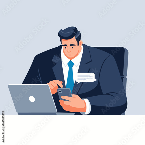 Focused businessman in a stylish blue suit multitasking on his smartphone at an office desk with a laptop.