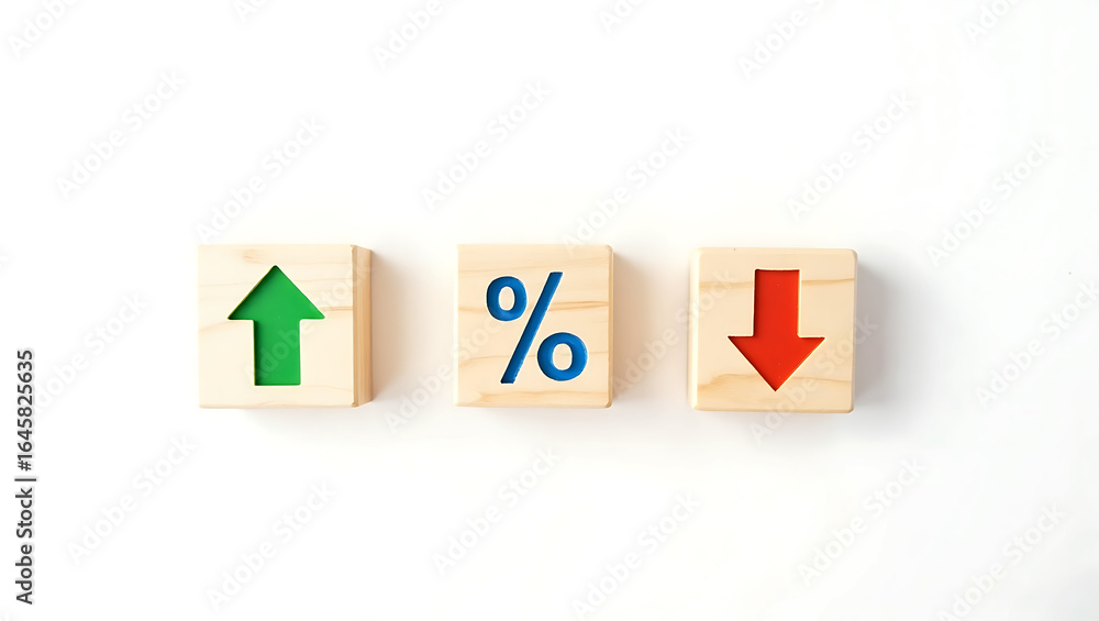 Obraz premium Three wooden blocks with arrows and percentage sign 1