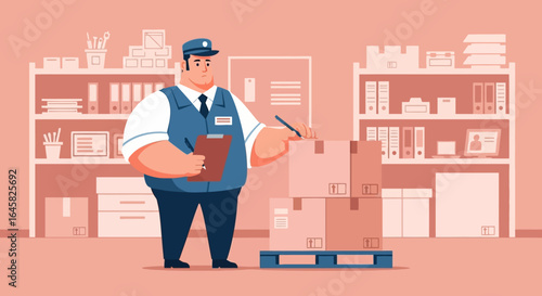 Male warehouse employee in a blue uniform and cap checking boxes on a pallet with a clipboard.
