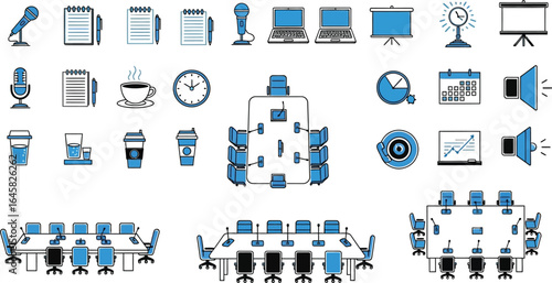 Illustration of conference room meeting setup with tables chairs and presentation equipment icons