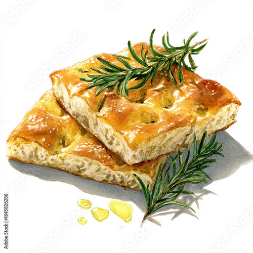 Watercolor illustration of rosemary garlic focaccia bread