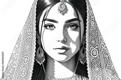 Portrait of a Woman with Traditional Veil and Jewelry, Black and White