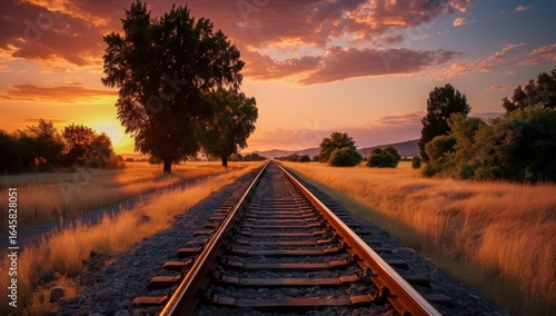 A scenic sunset over railroad tracks stretches into the horizon, flanked by trees and golden grass under a vibrant sky.