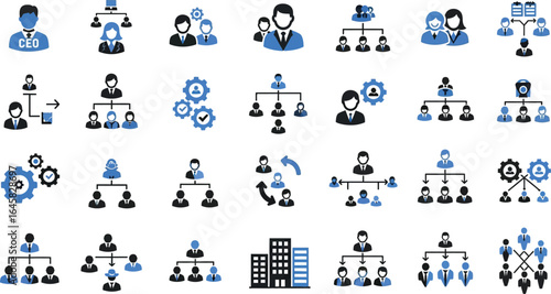 Illustration of various organizational chart structures with ceo and hierarchy representations in blue and black