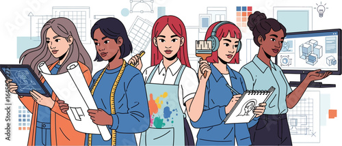 Diverse group of women showcasing various design professions in a cartoon style illustration