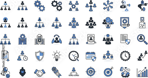 Collection of organizational business management and strategy icons on a white background