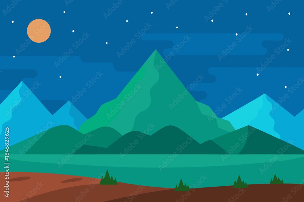 Obraz premium Flat design mountain landscape under a starry night sky with a moon
