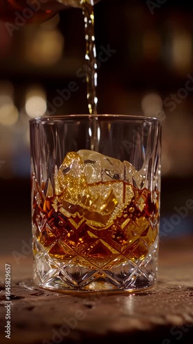 Super slow motion of pouring whisky into glass . Filmed on high speed cinema camera , 1000 fps , speed ramp , vertical orientation