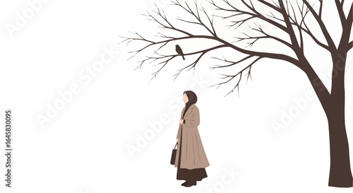 Illustration of a Woman in Hijab Standing Under a Bare Tree with a Bird, Evoking Serenity and Reflection, Ideal for Personal Blogs and Educational Content.