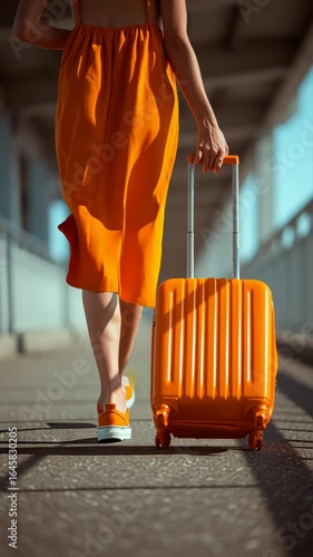 Young Woman with the Orange Suitcase on the travel. Female feet and luggage going on holiday and close up travel.
