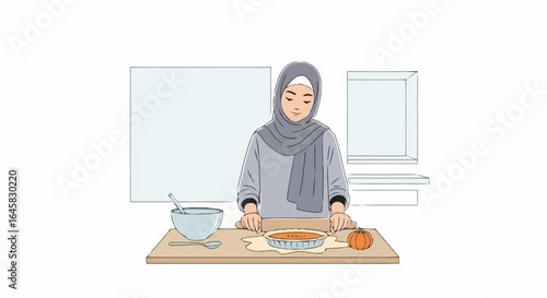 Muslim woman baking pumpkin pie in a bright kitchen, a heartwarming illustration for culinary blogs, recipe websites, and diverse lifestyle content