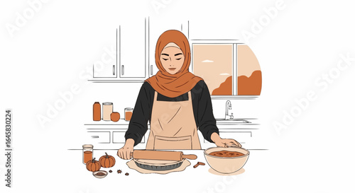 Illustrated Muslim Woman Baking in Kitchen, Wearing Hijab and Apron, Depicting Cultural Traditions and Home Lifestyle for Food Blogs and Recipe Illustrations