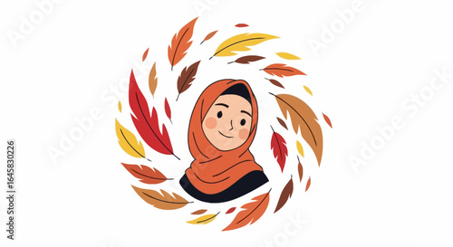 Animated Portrait of a Woman in Hijab Surrounded by Autumn Leaves, Perfect for Greeting Cards, Social Media, and Educational Materials