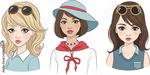 Three cartoon girls with different hairstyles and accessories facing forward in a cartoon style image