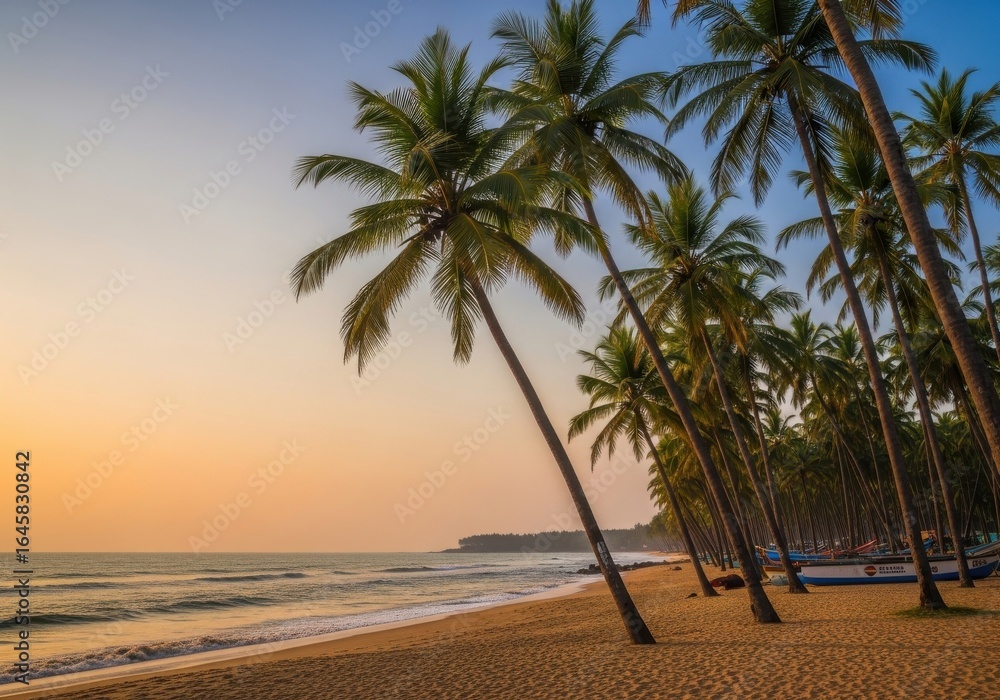 Obraz premium Tropical paradise: Serene beach with palm trees during golden hour