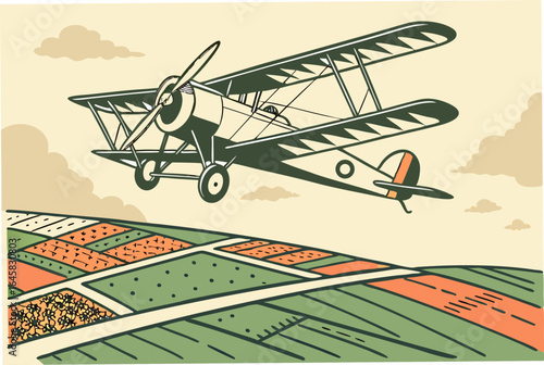 Vintage biplane flies over cultivated farmland fields