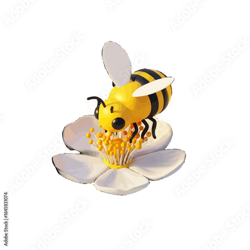Adorable cartoon honeybee with yellow and black stripes pollinating a simple white flower.