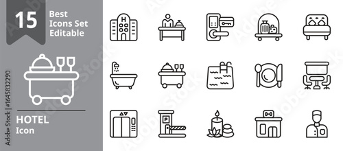 Set of Hotel icons. Icons Contains reception desks, luggage, key cards, room services, etc . Design elements for you projects. Editable stroke vector illustration