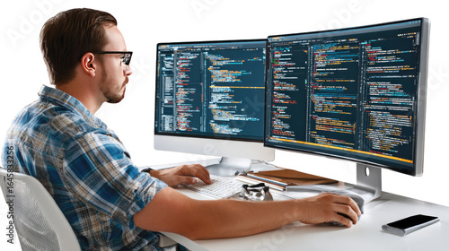 Code Explorer: A tech-savvy individual, engrossed in coding on a dual-screen setup. Capturing the essence of focus, innovation, and the digital world.