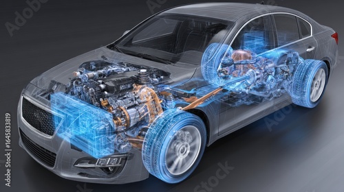 A cutaway digital rendering of a silver sedan reveals its internal combustion engine, transmission, and chassis components in translucent blue