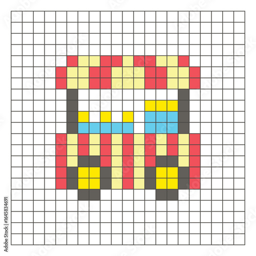 A flat pixel design made of geometric square color blocks on a clean grid layout. Pixel art food cart