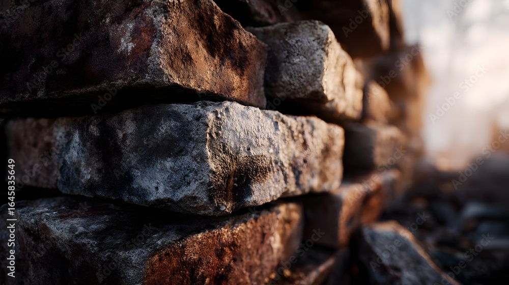 Stacked bricks at a construction site with lighting and sharp focus Stacked bricks at a construction site with lighting and sharp focus