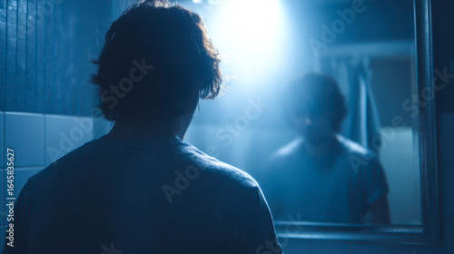 Young Man in Hoodie Staring at Blurred Reflection in Bathroom Mirror at Night