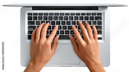 Hands on Keyboard: Top-down view of a person's hands typing diligently on a sleek laptop keyboard. An image representing productivity and technology