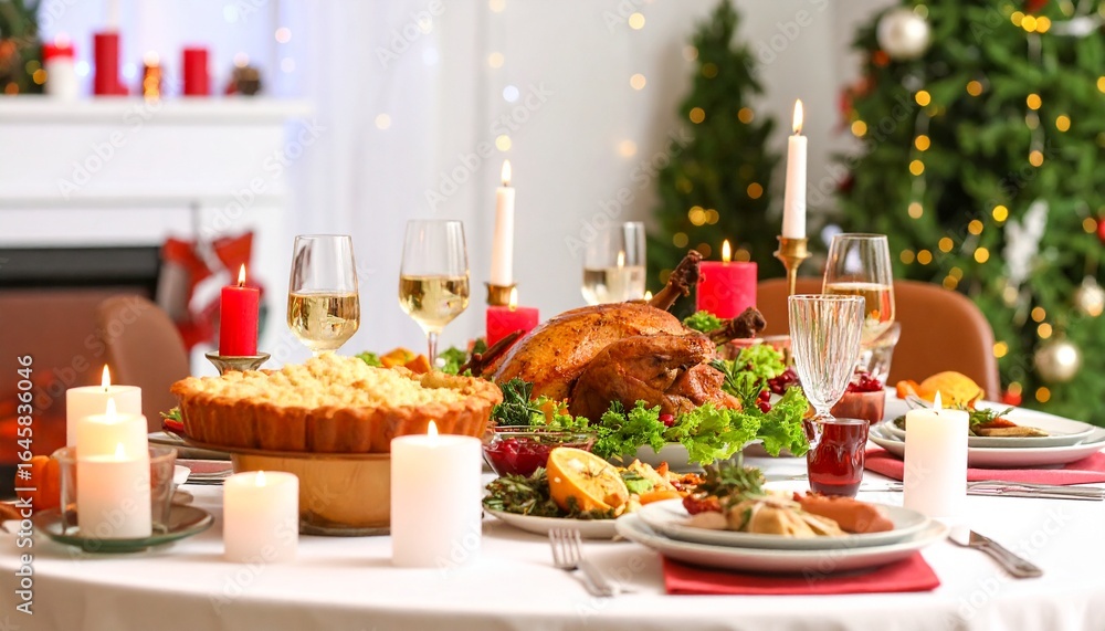 Festive Christmas Dinner Table with Roasted Turkey Candles and Wine Glasses 1. Festive Christmas Dinner Table with Roasted Turkey Candles and Wine Glasses 1.