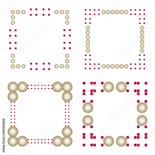 Red gold border. Beads pattern vector. Square decorative frame. Modern abstract corners.