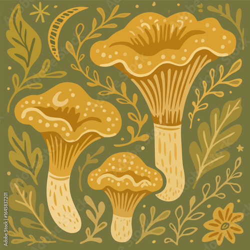 Chanterelles and tree branches. Vector illustration in boho style