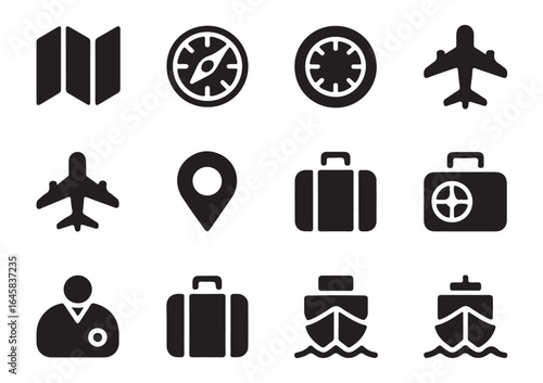 Travel icons set black and white vector illustrations