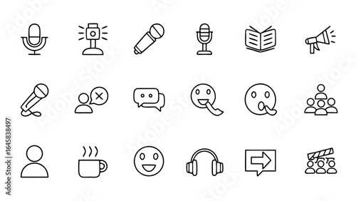 Interview & Storytelling Podcast Minimalist Line Art Vector Icons – Talk Shows, Conversations, and Creative Audio Symbols

