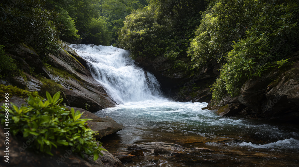 Obraz premium Rushing waterfall and serene river lush forest nature scene peaceful environment scenic view tranquility concept