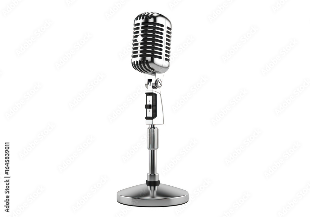 Fototapeta premium Vintage silver microphone on a stand isolated on transparent background