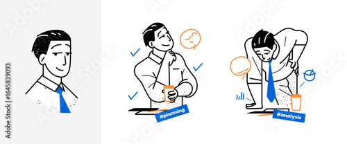 White businessman holding coffee cup and thinking with a smile. Two scenes depict thoughtful planning and analyzing success. Includes emoji and business icons.