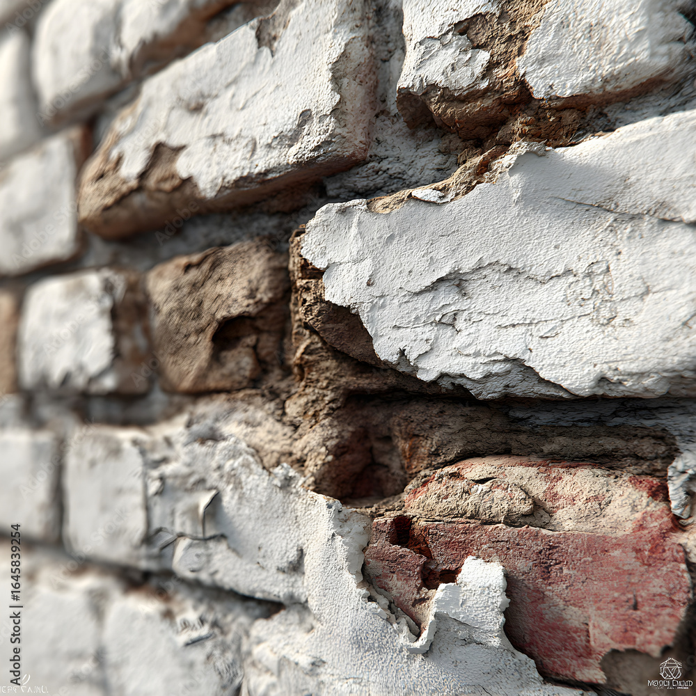 Fototapeta premium Whitewashed Brick Wall with Peeling Plaster Texture, photoreal, soft natural light, high detail, sharp focus, realistic textures