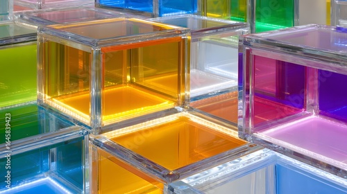 Colorful transparent acrylic boxes arranged in a pattern.