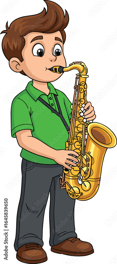 Fototapeta premium Cartoon boy playing saxophone, child musician vector, music education illustration, young saxophonist character, musical instrument concept, kid performing, vibrant children’s art