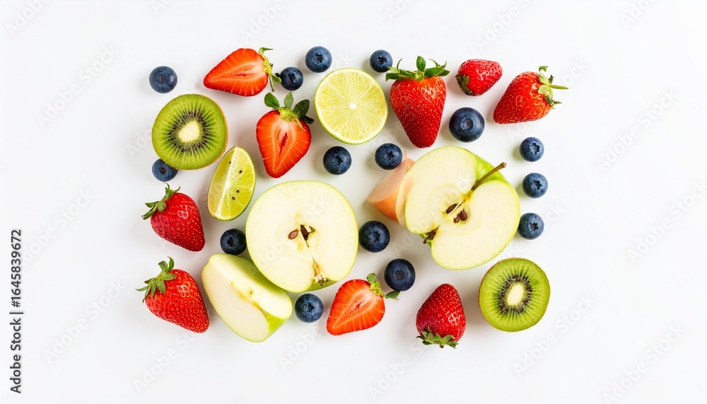 custom made wallpaper toronto digitalOverhead View of Freshly Cut Fruits and Berries on White Background.