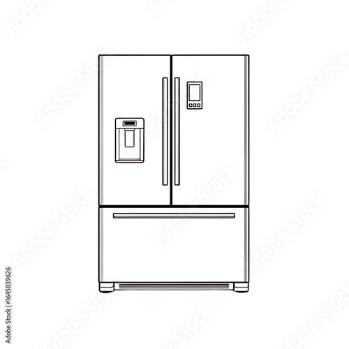 Minimalist black line icon of a modern double-door refrigerator with a bottom freezer drawer, built-in water dispenser, and digital control panel