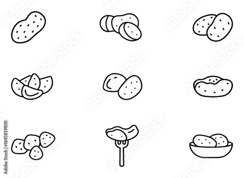Simple black and white line icon collection featuring whole potatoes, sliced potatoes, mashed potatoes, baked potatoes, and various potato dishes, perfect for food menus, recipe designs, and culinary