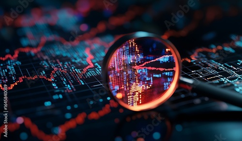 Magnifying glass over a trading chart, with red and blue colors, representing the stock market concept. A 3D rendered illustration, 