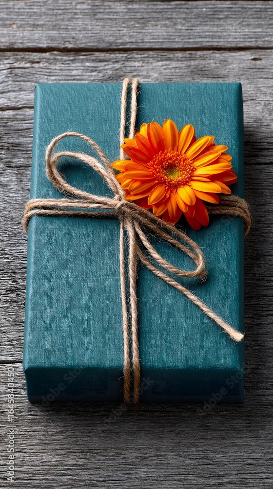 Fototapeta premium Teal gift box decorated with orange flower
