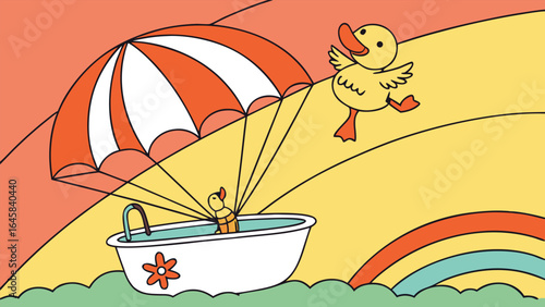 A duck flying above a bathtub with a duckling inside and a parachute with a rainbow in the background