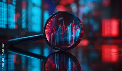 Magnifying glass over a trading chart, with red and blue colors, representing the stock market concept. A 3D rendered illustration, 